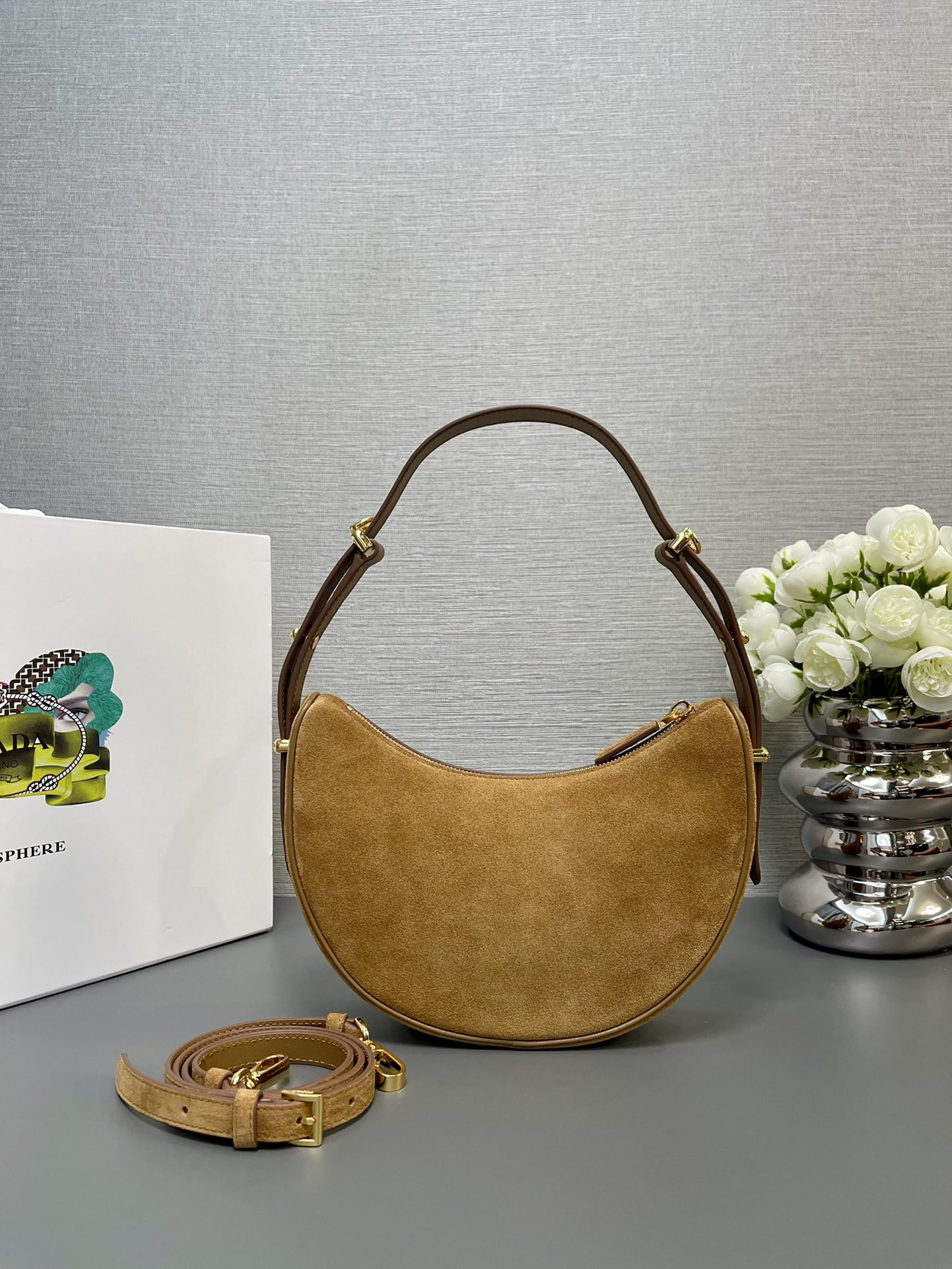 Prada Arqué suede shoulder bag 22.5x18.5x6.5cm