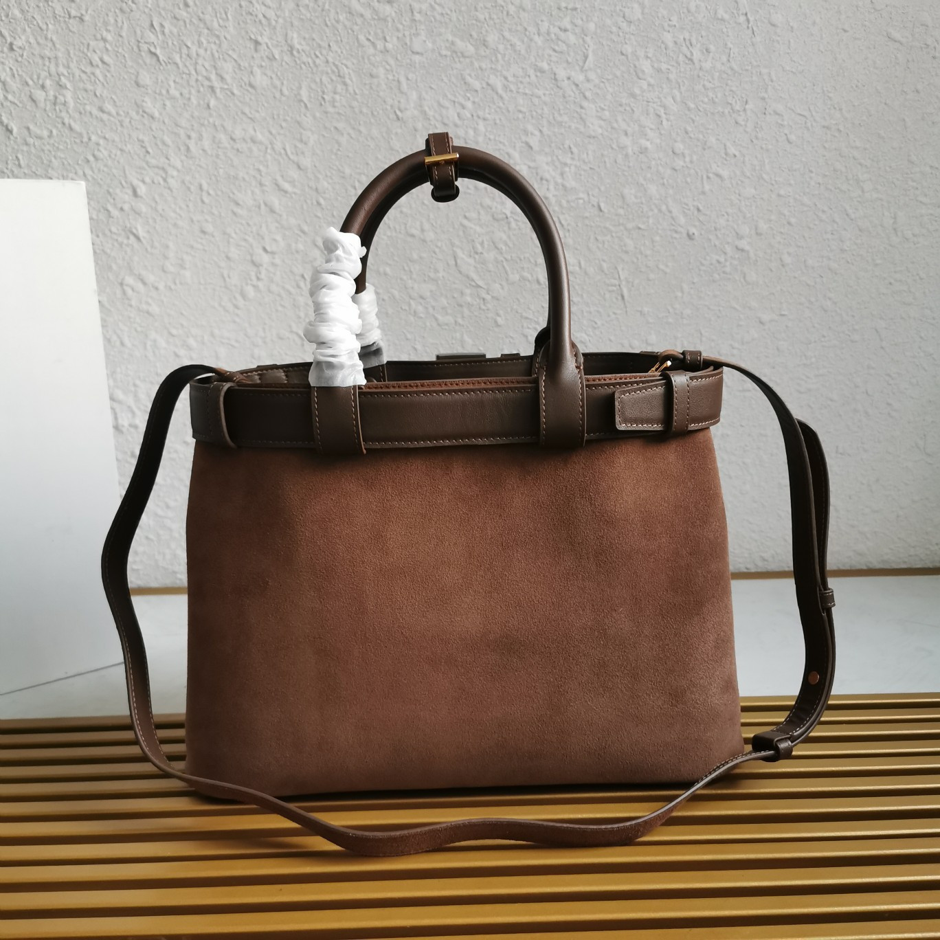 Prada Large Prada Buckle suede bag with belt  27.5x37.5x14cm