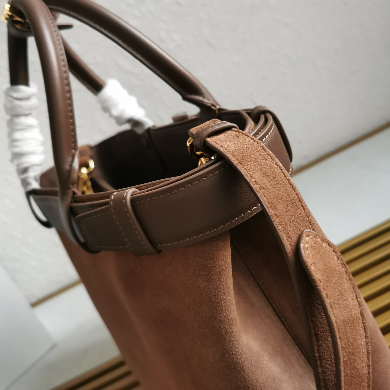 Prada Large Prada Buckle suede bag with belt  27.5x37.5x14cm