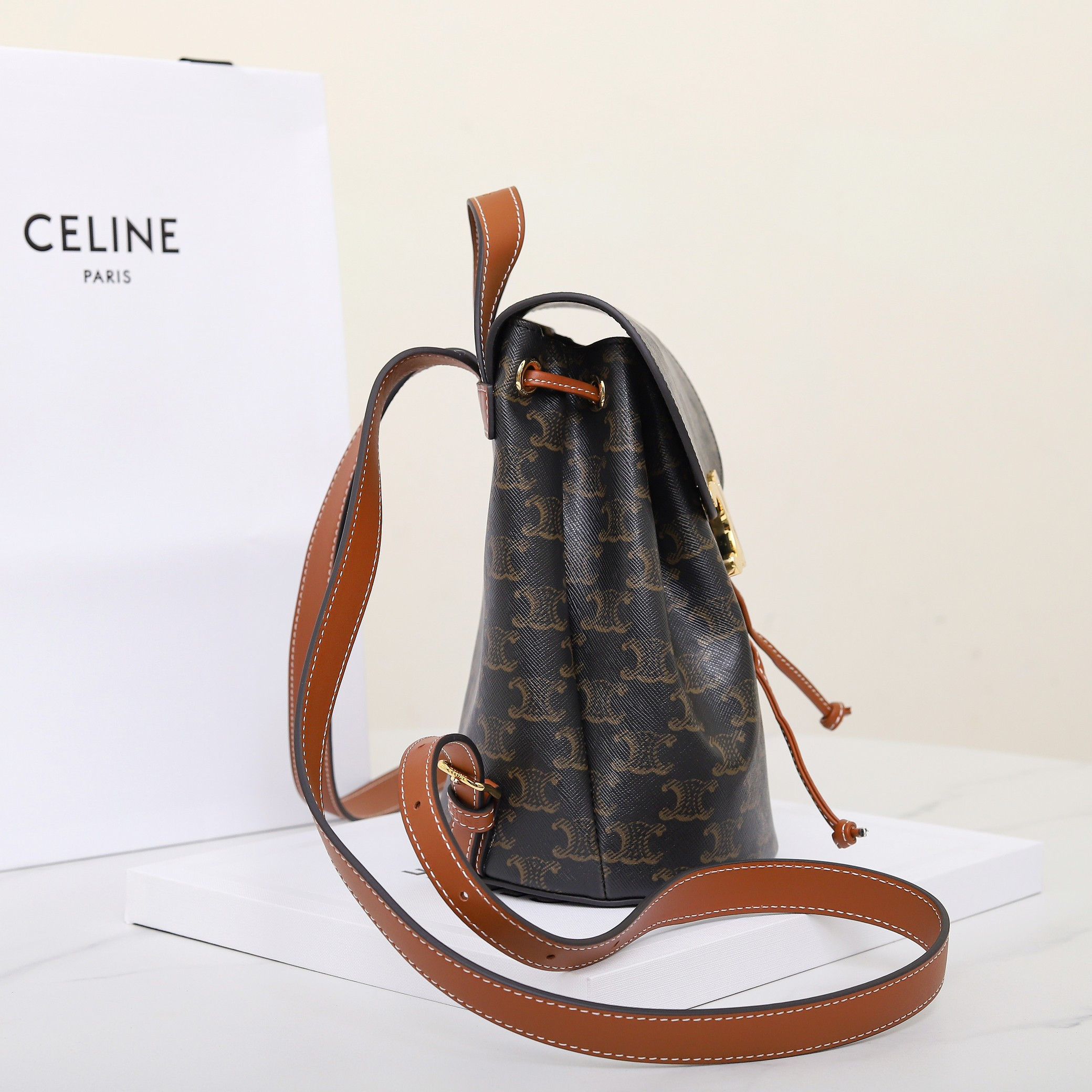 CELINE BONNIE BACKPACK IN TRIOMPHE CANVAS AND CALFSKIN 118702 25x18x13cm