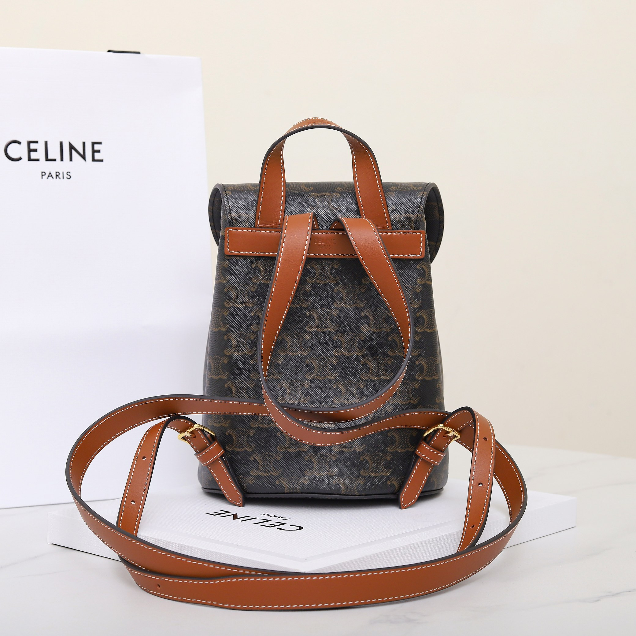 CELINE BONNIE BACKPACK IN TRIOMPHE CANVAS AND CALFSKIN 118702 25x18x13cm