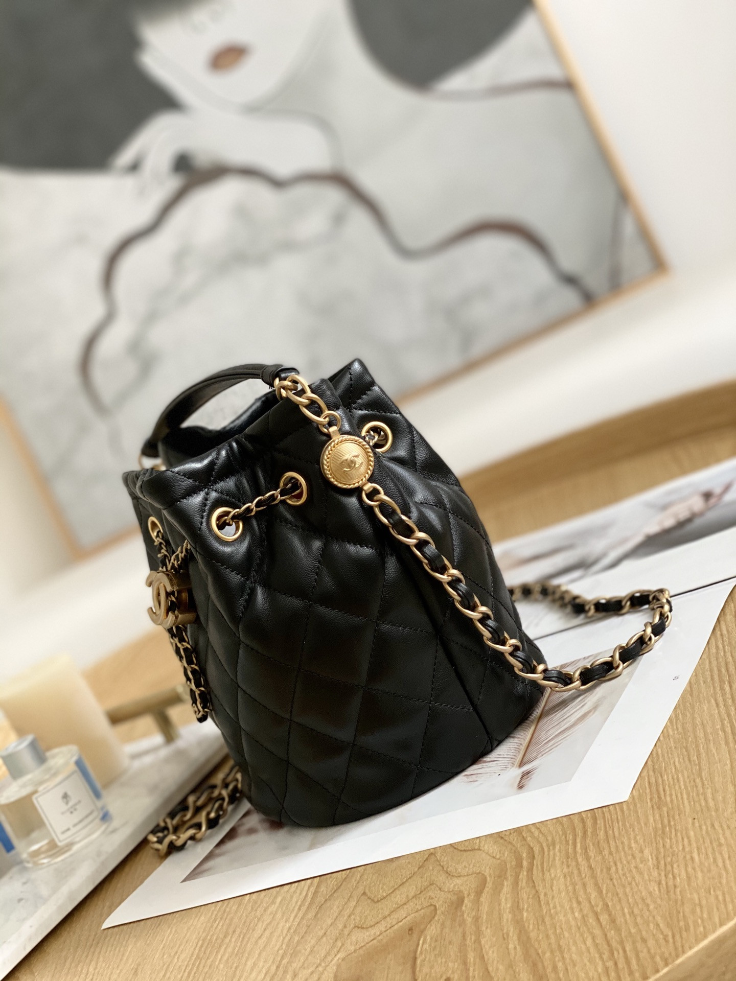 Chanel Drawstring Button Bucket Bag 21x24x14cm