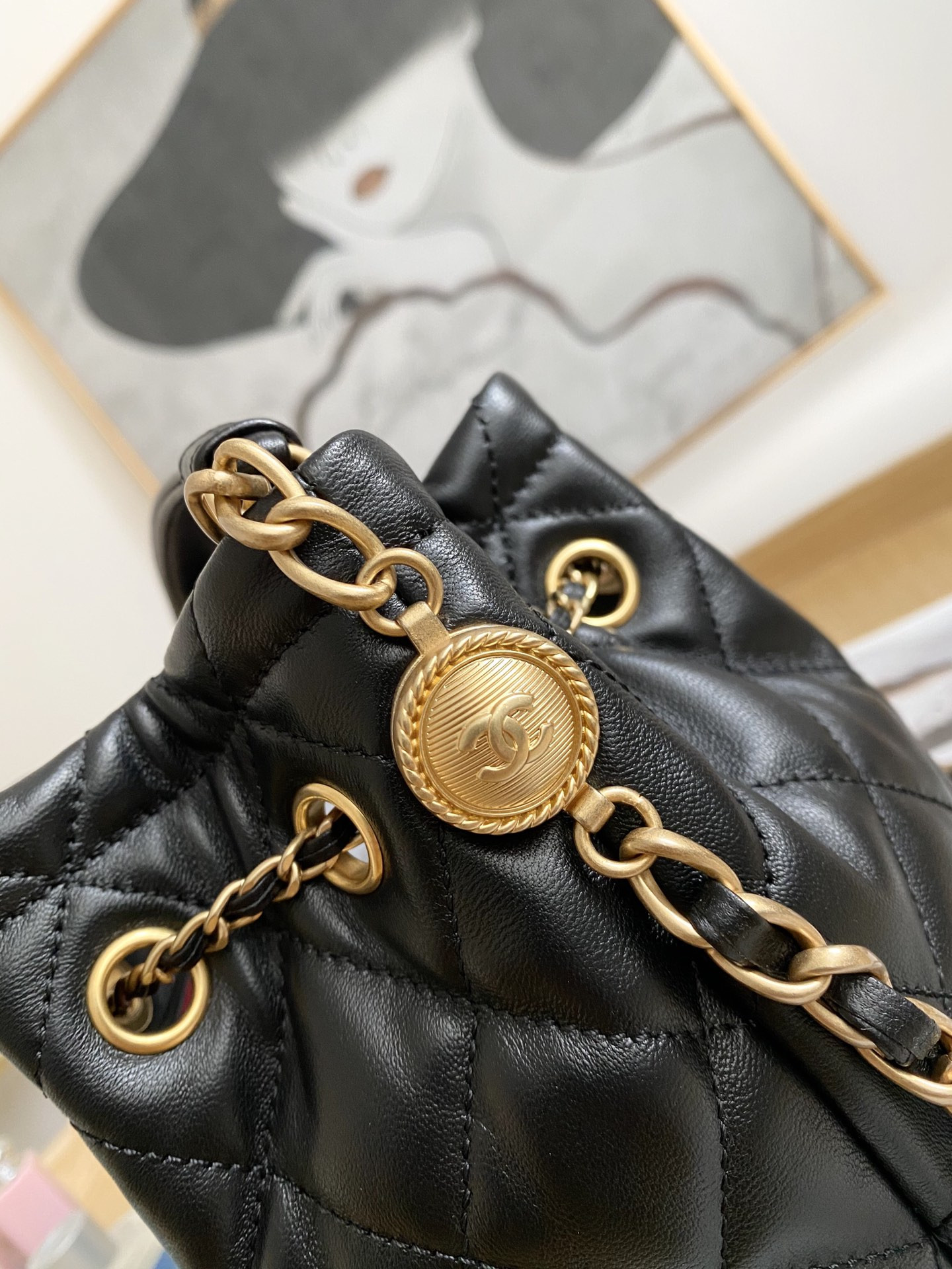 Chanel Drawstring Button Bucket Bag 21x24x14cm