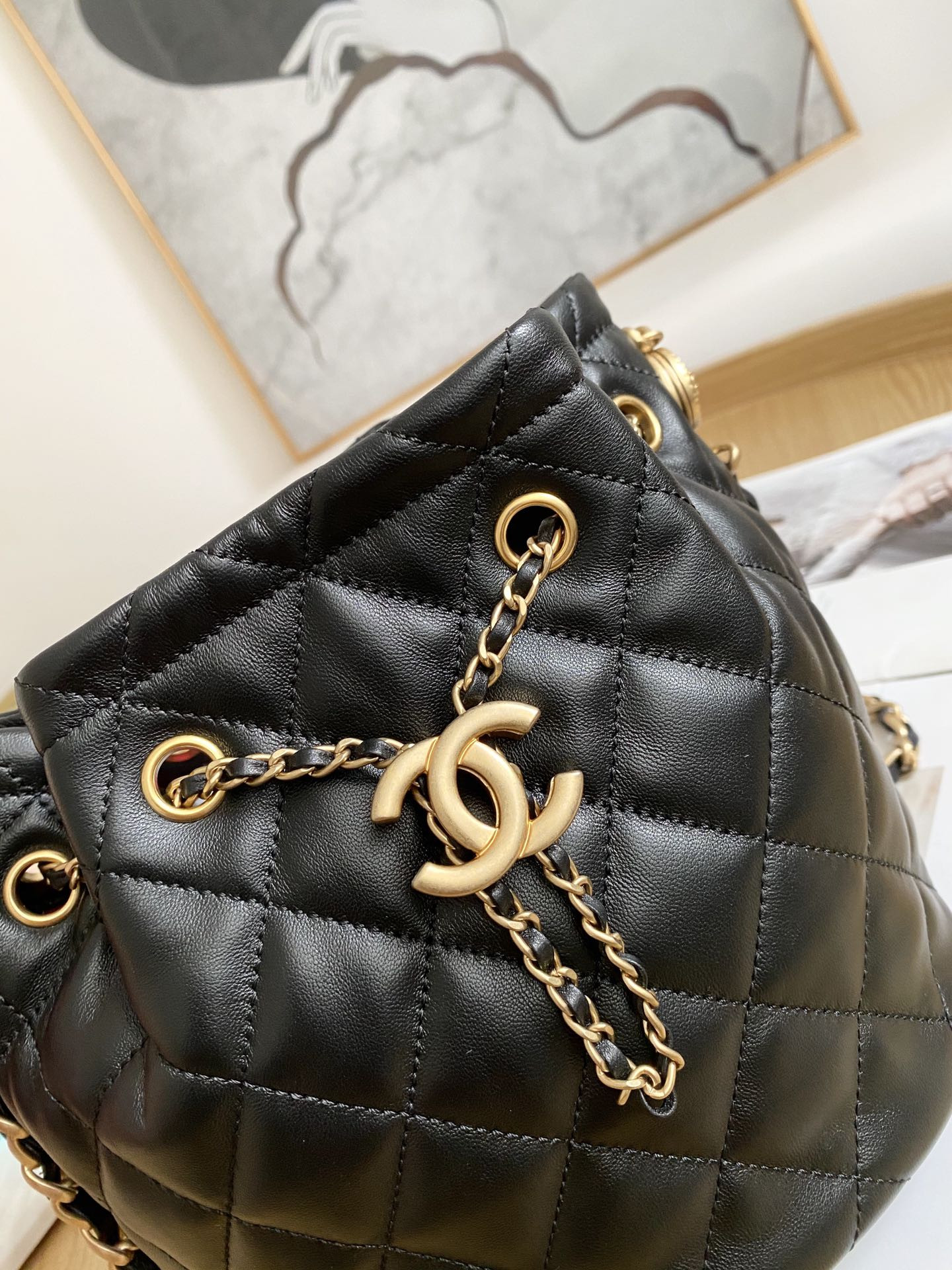 Chanel Drawstring Button Bucket Bag 21x24x14cm
