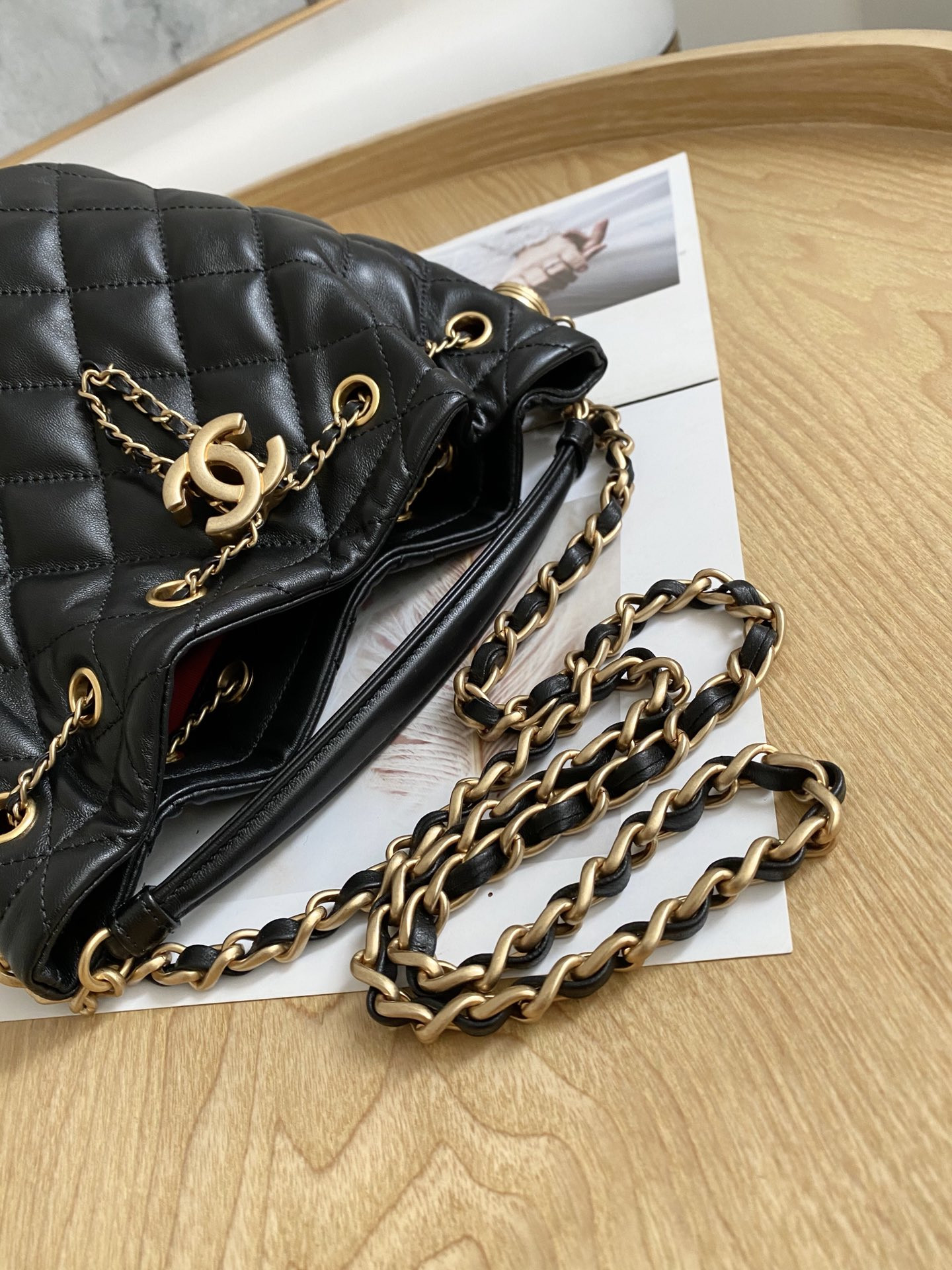 Chanel Drawstring Button Bucket Bag 21x24x14cm