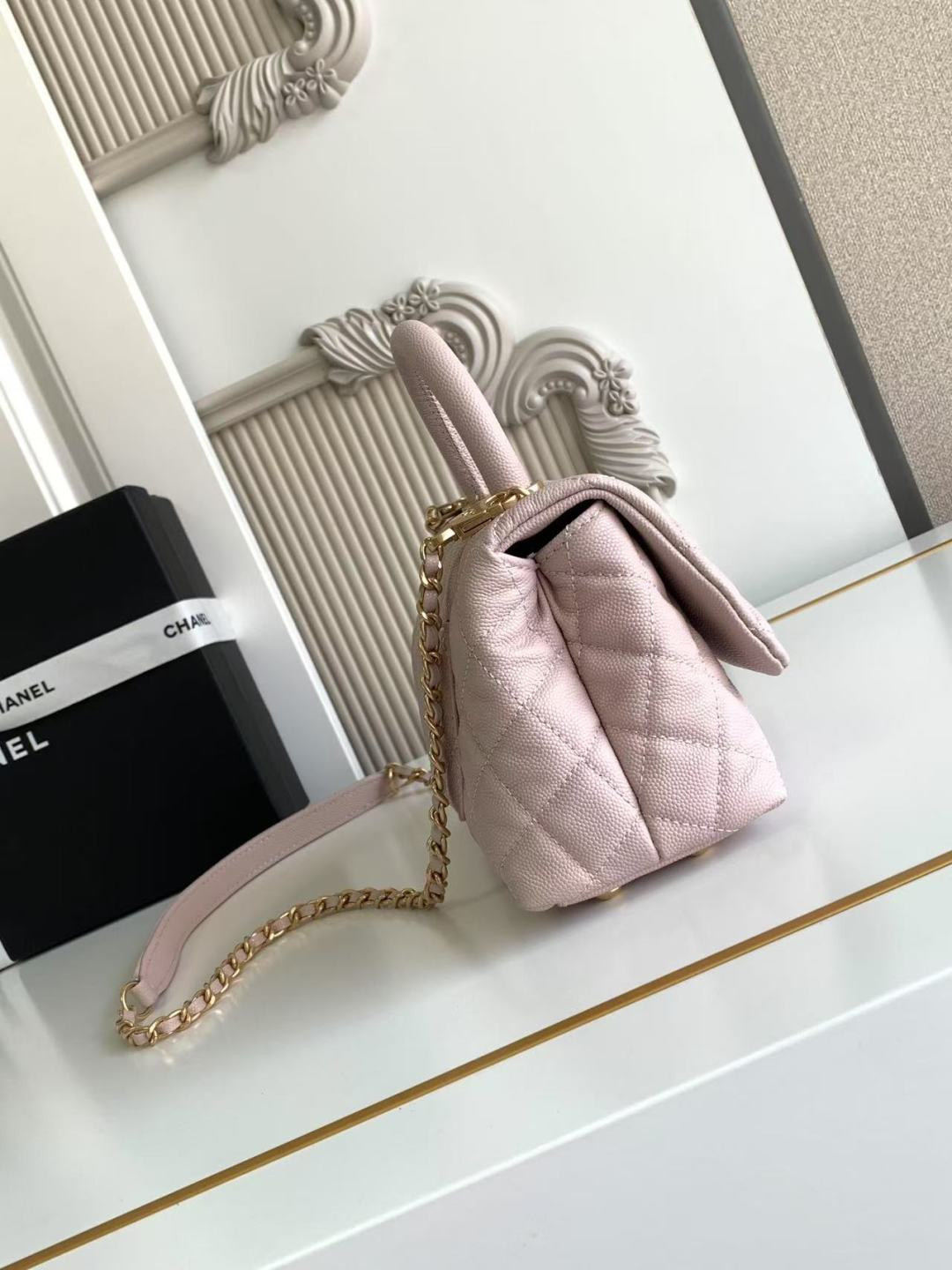 Chanel Mini Flap Bag with Top Handle Grained Calfskin & Gold-Tone Metal AS2215 13x19x9cm