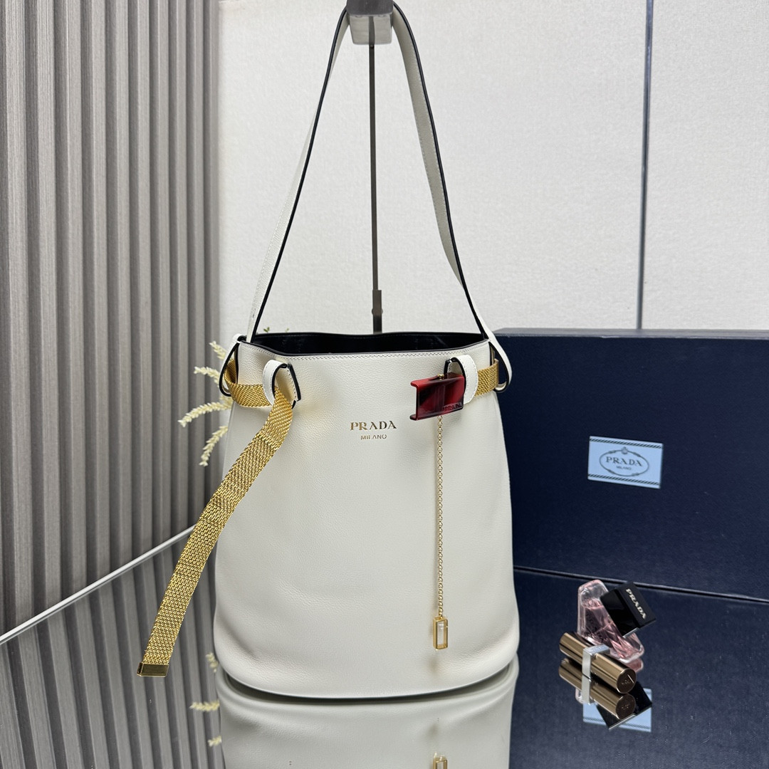 Prada Buckle leather bucket bag with jeweled belt 29x26.5x18cm