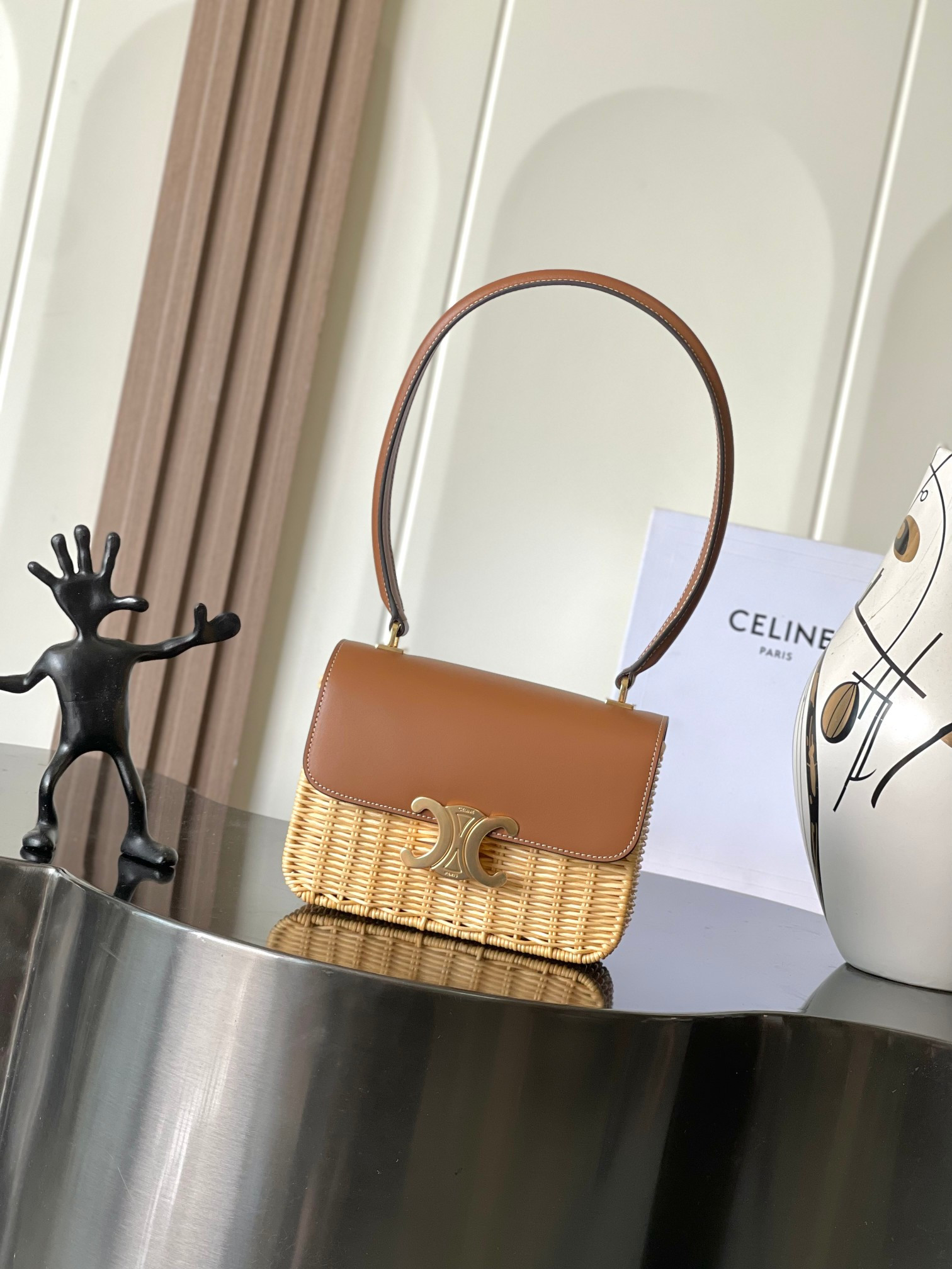 Celine TEEN GARANCE BAG IN WICKER AND NATURAL CALFSKIN 18.5x13.5x7cm