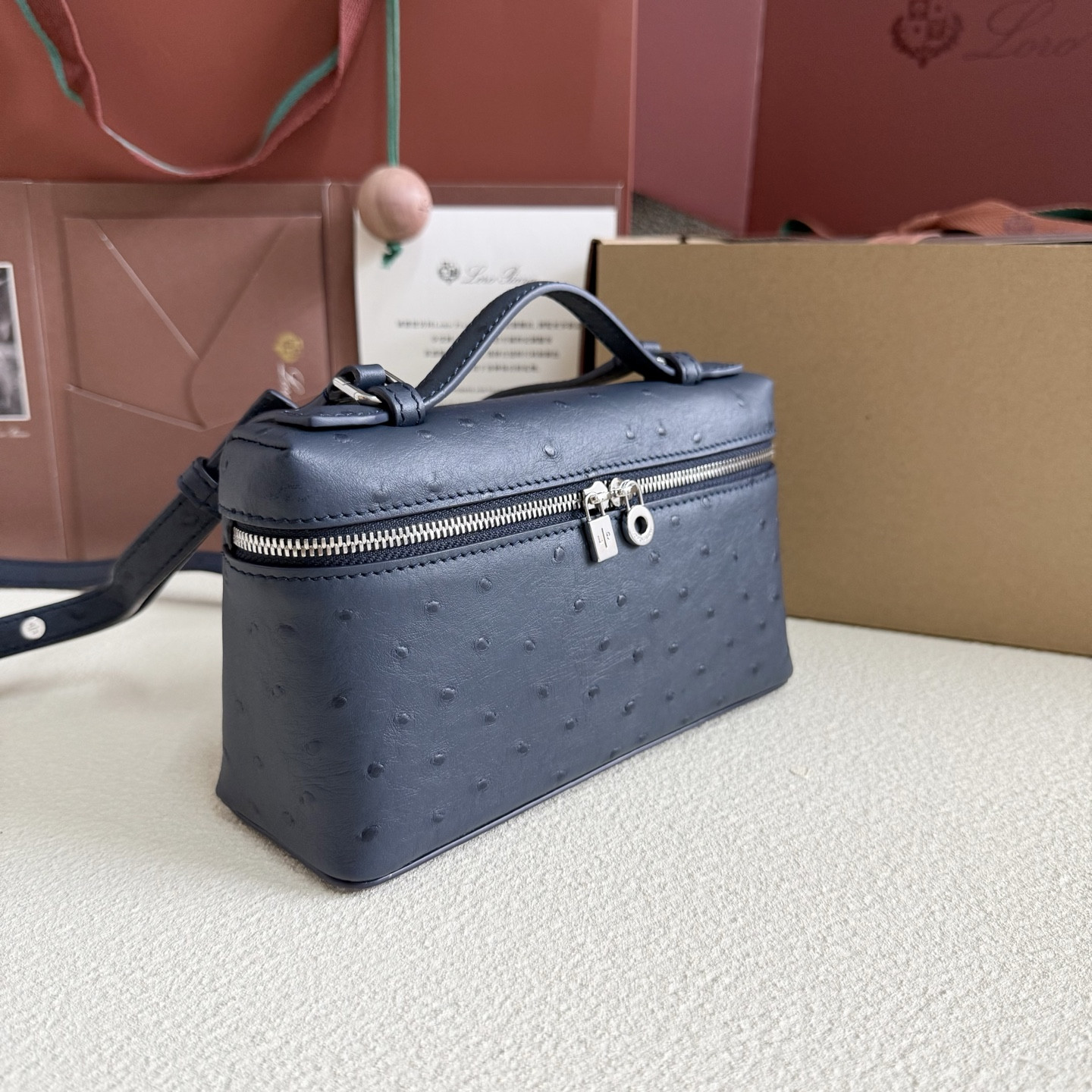 Loro Piana Extra Pocket L19 Ostrich-grained Leather 11 x 19 x 6.5 cm