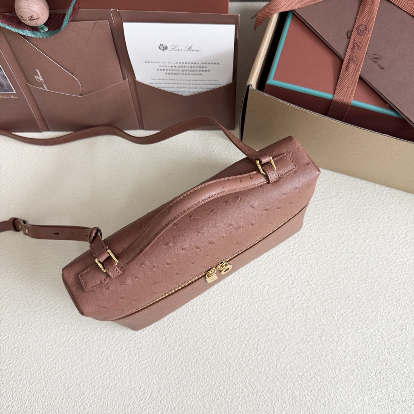 Loro Piana Extra Pocket L27 Ostrich-grained Leather 16x27x10cm